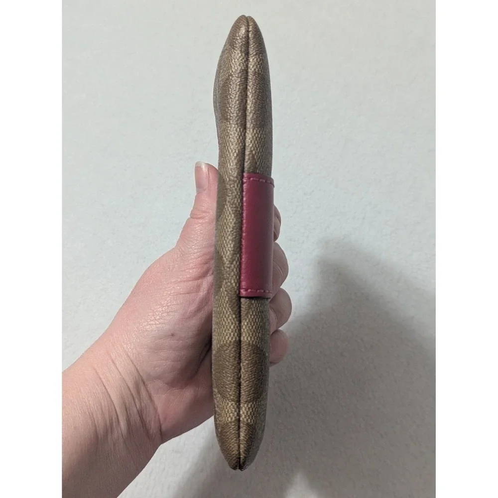 COACH Corner Zip Wristlet Khaki Coated Canvas w/Cherry Leather Vertical Stripe